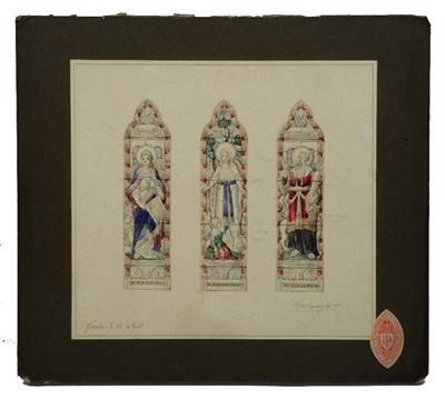 Lot 461 - A THREE WINDOW DESIGN of the Virgin Mary and attendant figures for Workington with scale and JH & Co