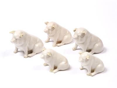 Lot 18 - A FAMILY OF FIVE BELLEEK PORCELAIN PIGS