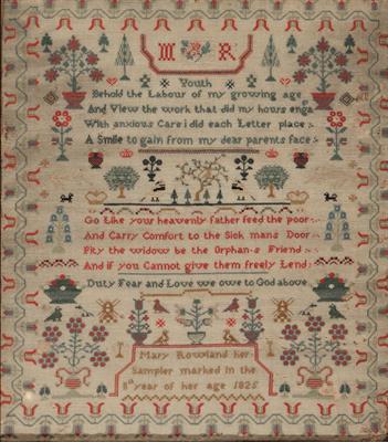 Lot 58 - A SAMPLER by Mary Rowland dated 1825 with poem and prayer within a field of flowers