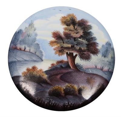 Lot 79 - A SMALL CIRCULAR ENAMEL LANDSCAPE PLAQUE