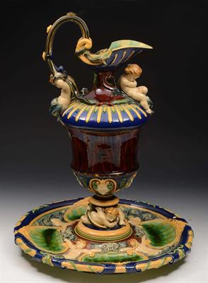 Lot 107 - A RENAISSANCE STYLE MAJOLICA EWER ON STAND