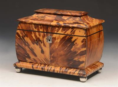 Lot 109 - A REGENCY SARCOPHAGUS SHAPED TORTOISESHELL TEA CADDY