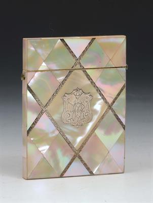 Lot 126 - A VICTORIAN MOTHER OF PEARL AND SILVER INLAID CARD CASE