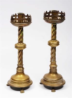 Lot 159 - A PAIR OF VICTORIAN ECCLESIASTICAL BRASS CANDLESTICKS