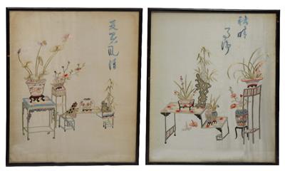 Lot 177 - A PAIR OF CHINESE SILK WORK PICTURES OF INTERIOR SCENES