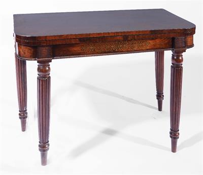 Lot 187 - A GEORGE IV ROSEWOOD AND BRASS INLAID FOLD OVER CARD TABLE