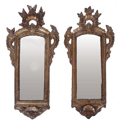 Lot 191 - A PAIR OF ANTIQUE ITALIAN GILTWOOD HANGING WALL MIRRORS