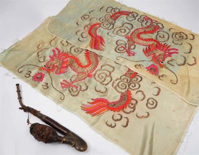 Lot 194 - A PAIR OF CHINESE SILVER AND COLOURED THREAD SILK PANELS