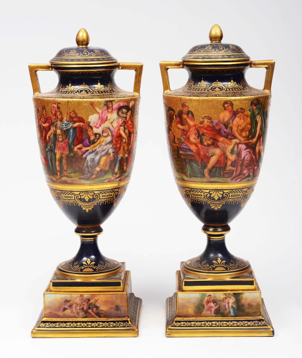 Lot 196 - A PAIR OF LATE 19TH CENTURY VIENNA PORCELAIN TWIN HANDLED VASES AND COVERS