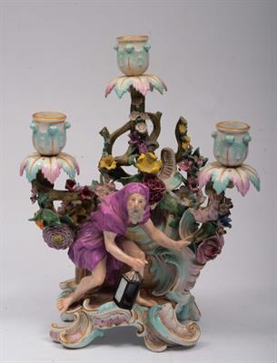 Lot 208 - A 19TH CENTURY MEISSEN FIGURAL THREE BRANCH CANDELABRUM