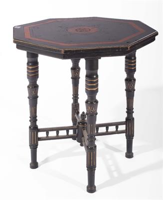 Lot 228 - AN AESTHETIC MOVEMENT EBONISED AND AMBOYNA INLAID OCTAGONAL OCCASIONAL TABLE