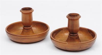 Lot 250 - A PAIR OF FRUIT WOOD CAMPAIGN CANDLESTICKS