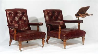 Lot 252 - A PAIR OF GILLOWS OAK FRAMED LIBRARY ARMCHAIRS