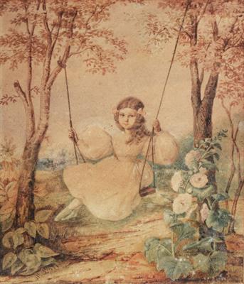 Lot 273 - A 19TH CENTURY WATERCOLOUR STUDY OF A GIRL ON A SWING