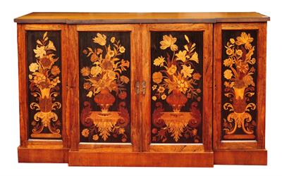 Lot 322 - A VICTORIAN ROSEWOOD AND MARQUETRY INLAID BREAKFRONT COLLECTORS SPECIMEN CABINET