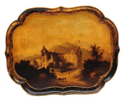 Lot 333 - A REGENCY PAPIER MACHÉ SHAPED TEA TRAY