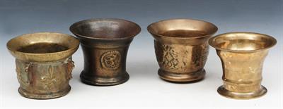 Lot 336 - A GROUP OF FOUR ANTIQUE BRONZE MORTARS OF CAMPANULATE SHAPE