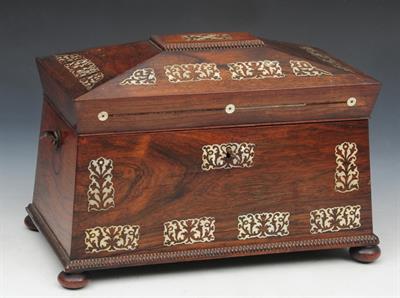 Lot 340 - A GEO IV ROSEWOOD AND MOTHER OF PEARL INLAID TEA CADDY