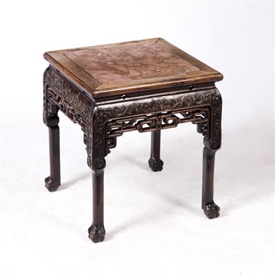Lot 17 - AN ANTIQUE CHINESE CHERRYWOOD SQUARE LOW TABLE OR URN STAND