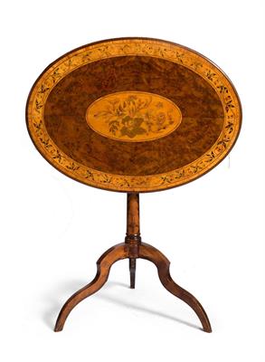 Lot 26 - A VICTORIAN SATINWOOD VENEERED AND BURR WOOD OVAL OCCASIONAL TABLE