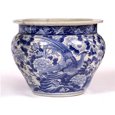 Lot 36 - A LARGE JAPANESE BLUE AND WHITE PORCELAIN FISH TANK OR JARDINIERE
