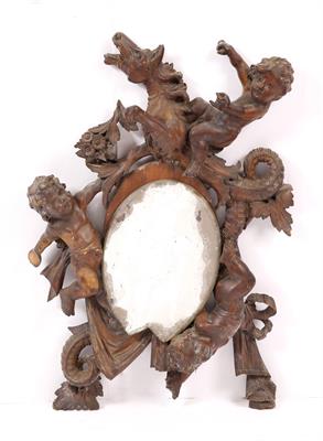 Lot 37 - AN ANTIQUE ITALIAN CARVED WOODEN FRAME HANGING WALL MIRROR