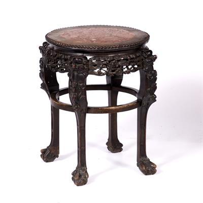 Lot 41 - A CHINESE CHERRY WOOD AND MARBLE URN STAND