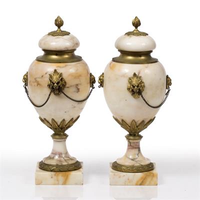 Lot 46 - A PAIR OF CONTINENTAL STRIATED WHITE MARBLE URNS