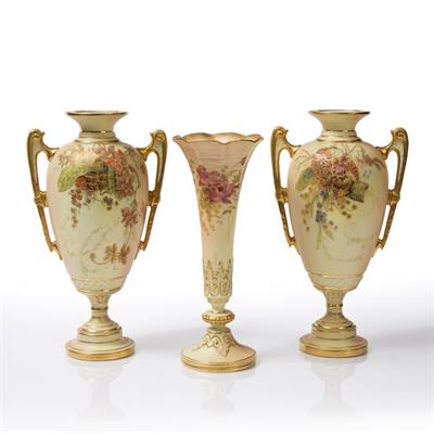 Lot 144 - A PAIR OF ROYAL WORCESTER TWIN HANDLED BALUSTER VASES