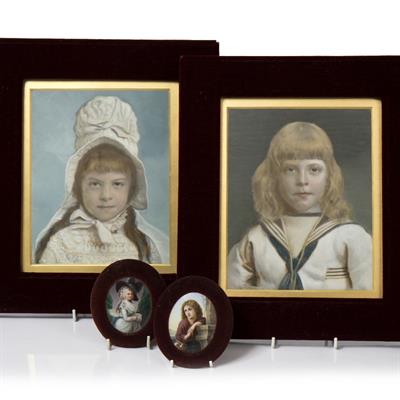 Lot 148 - A PAIR OF LATE 19TH CENTURY RECTANGULAR CERAMIC OVER PAINTED PHOTOGRAPHIC PORTRAITS