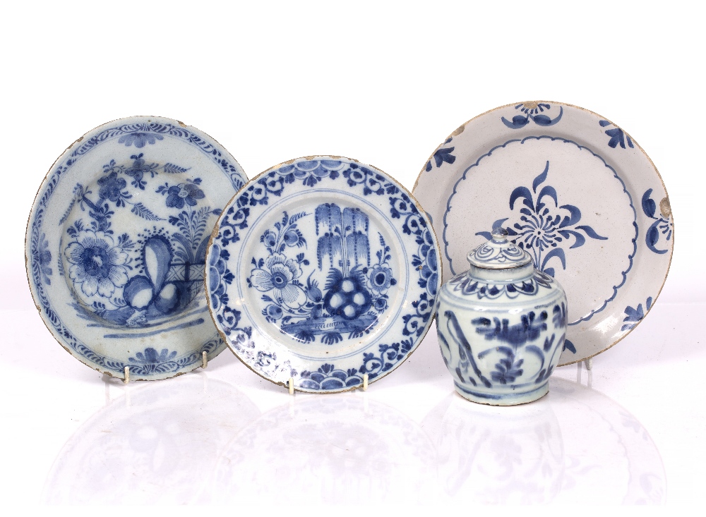 Lot 173 - THREE 18TH CENTURY DELFT BLUE AND WHITE PLATES