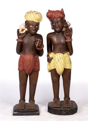 Lot 218 - A PAIR OF LATE 19TH/EARLY 20TH CENTURY EASTERN PAINTED HARDWOOD FIGURES