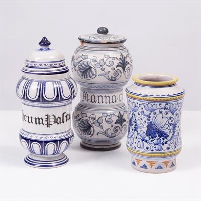 Lot 229 - THREE ITALIAN POTTERY DRUG JARS