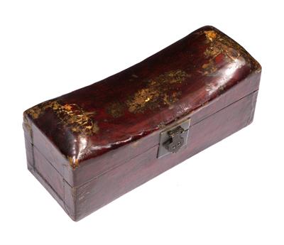 Lot 232 - AN ANTIQUE CHINESE RED LACQUERED PILLOW BOX