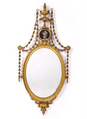 Lot 259 - AN ADAM STYLE GILTWOOD OVAL HANGING WALL MIRROR