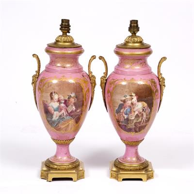 Lot 264 - A PAIR OF FRENCH PINK PORCELAIN AND ORMOLU MOUNTED VASES