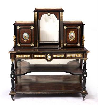 Lot 266 - A MID 19TH CENTURY FRENCH EBONISED AND AMBOYNA BONHEUR DU JOUR