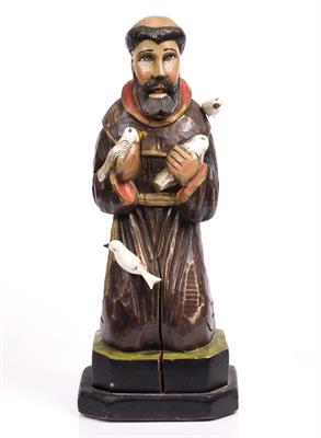 Lot 310 - A BRAZILIAN HAND CARVED WOODEN FOLK ART FIGURE OF ST. FRANCIS