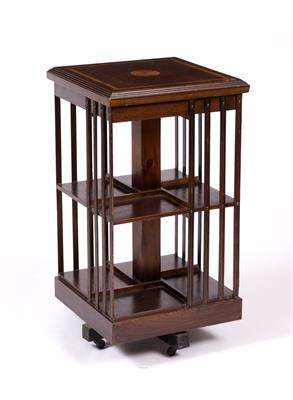 Lot 336 - AN EDWARDIAN STYLE MAHOGANY AND SATINWOOD INLAID REVOLVING BOOKCASE