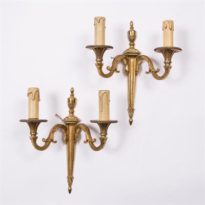 Lot 338 - A PAIR OF 20TH CENTURY GILT BRASS TWO BRANCH WALL LIGHTS