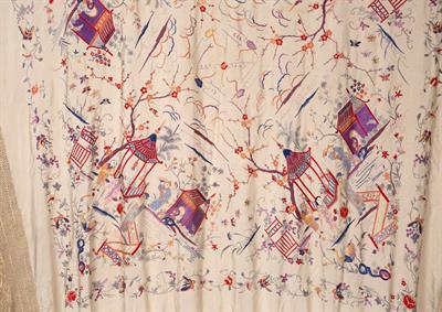 Lot 374 - A CHINESE WHITE SILK SHAWL OR TABLE COVER