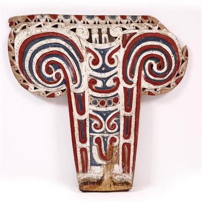 Lot 432 - A MASSIM PAPUA NEW GUINEA CARVED WOODEN SPLASH BOARD with figure and scroll decoration