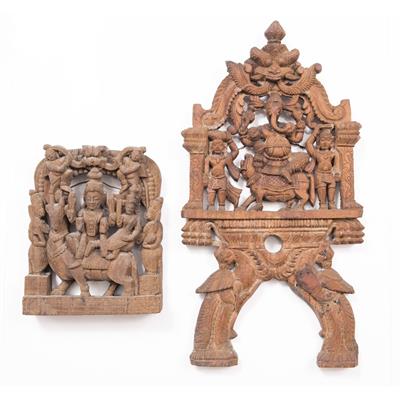 Lot 467 - TWO INDIAN CARVED WOODEN WALL PANELS