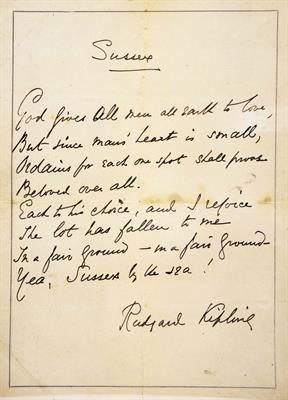 Lot 705 - A framed handwritten Verse from the poem 'Sussex' 1902