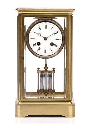 Lot 14 - A LATE 19TH CENTURY FRENCH BRASS FOUR GLASS MANTEL CLOCK