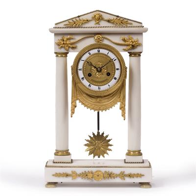 Lot 73 - A FRENCH EMPIRE ALABASTER AND ORMOLU PORTICO CLOCK