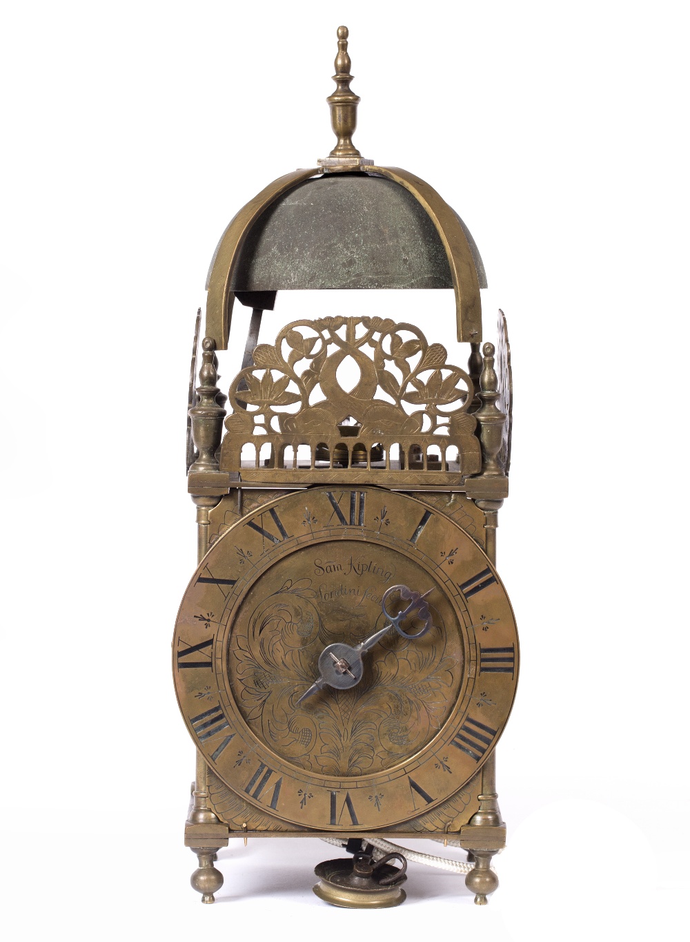 Lot 76 - A REPRODUCTION 17TH CENTURY STYLE BRASS LANTERN CLOCK