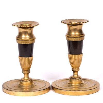 Lot 166 - A PAIR OF FRENCH ORMOLU MOUNTED DWARF CANDLESTICKS