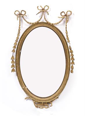 Lot 167 - A 19TH CENTURY NEO-CLASSICAL GILTWOOD OVAL HANGING WALL MIRROR