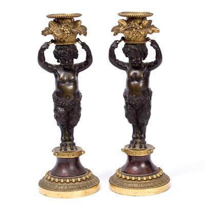 Lot 171 - A PAIR OF 19TH CENTURY FRENCH BRONZE AND ORMOLU FIGURAL CANDLESTICKS